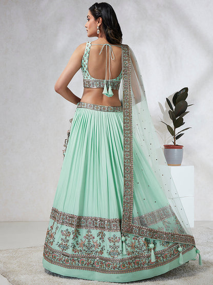 Women Sea Green Georgette Sequins and thread embroidery  Lehenga choli & Dupatta