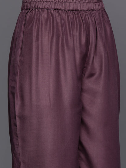 Dhiyona VR Women's Mauve V-Neck Yoke Embroidered Straight Kurta With Fringes Hem Paired With Tonal Bottom And Tonal Dupatta With Fringes