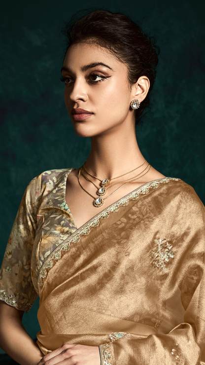 Dhiyona KM Women Orange Organza Silk Saree With Unstitched Floral Printed Silk Blouse Fabric