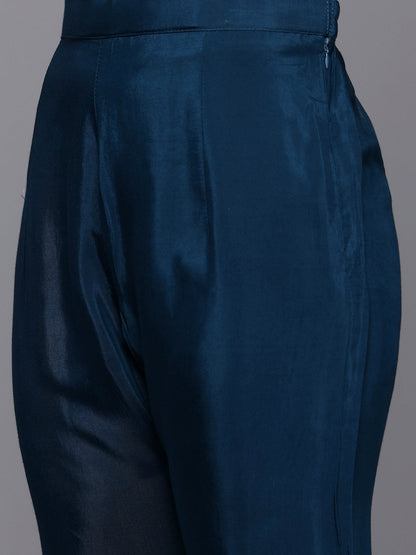 Dhiyona VR Women's Navy Blue Hand Embroidered Straight Kurta With Trousers And Embroidered Dupatta