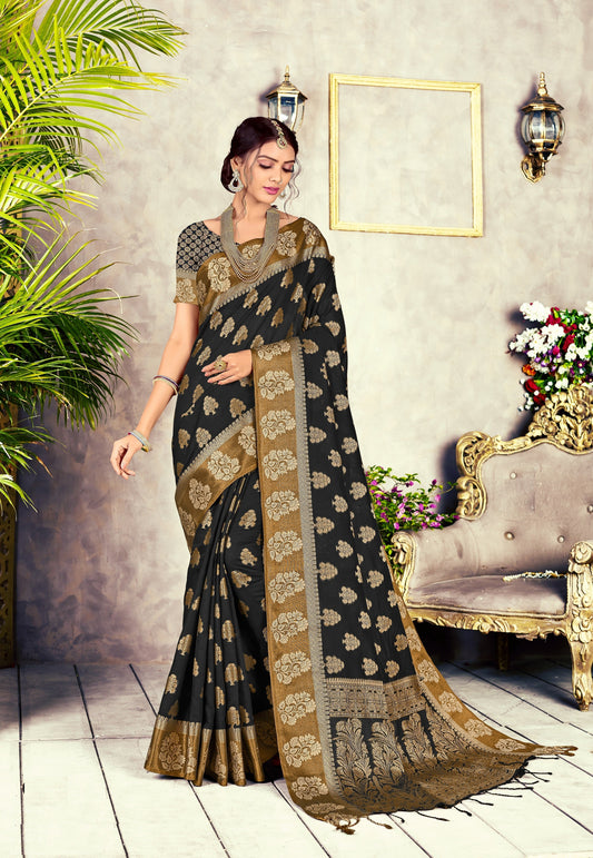 Dhiyona GR Women's GJ Black Diamond Pitch Black Zari Woven Design Cotton Blend Saree