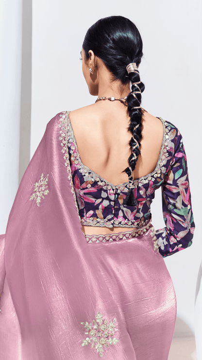 Dhiyona KM Women Pink Silk Saree With Embroidered Blouse “ A Perfect Blend Of Grace & Elegance