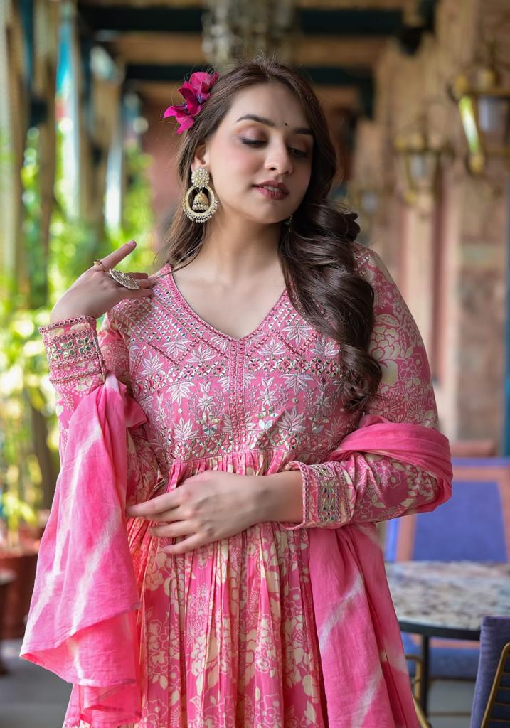 Dhiyona VR Women's Pink Floral Printed Mirror Work Anarkali Kurta With Sharara And Dupatta