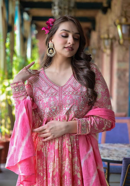 Dhiyona VR Women's Pink Floral Printed Mirror Work Anarkali Kurta With Sharara And Dupatta