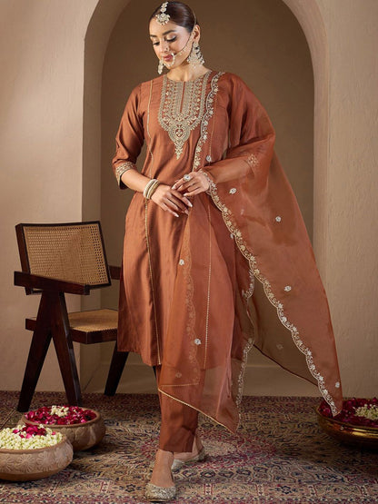 Dhiyona IE Women Ethnic Motifs Embroidered Regular Liva Kurta with Trousers & With Dupatta