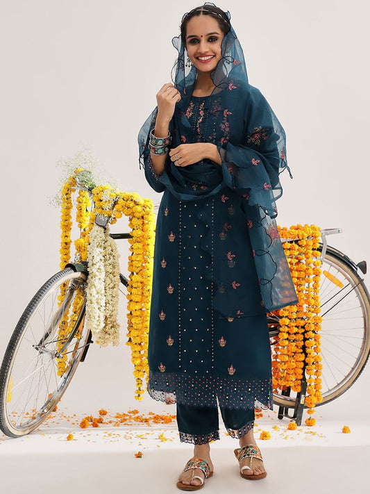 Dhiyona VA Women'sEthnic Motifs Embroidered Thread Work Detail Kurta & Trousers With Dupatta
