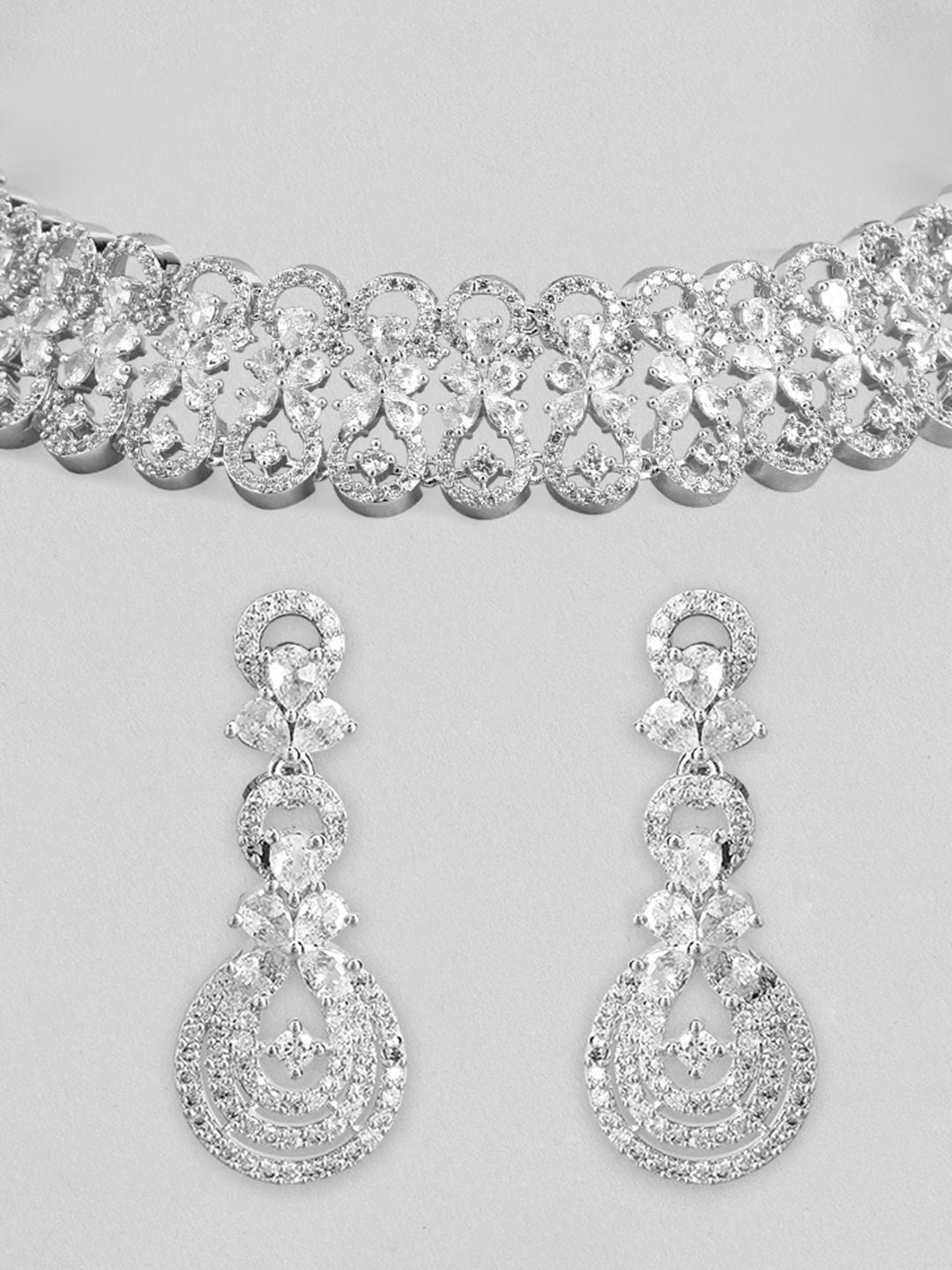 Dhiyona RJ Women's Rhodium-Plated Cubic Zirconia Studded Floral Design Choker Necklace Set