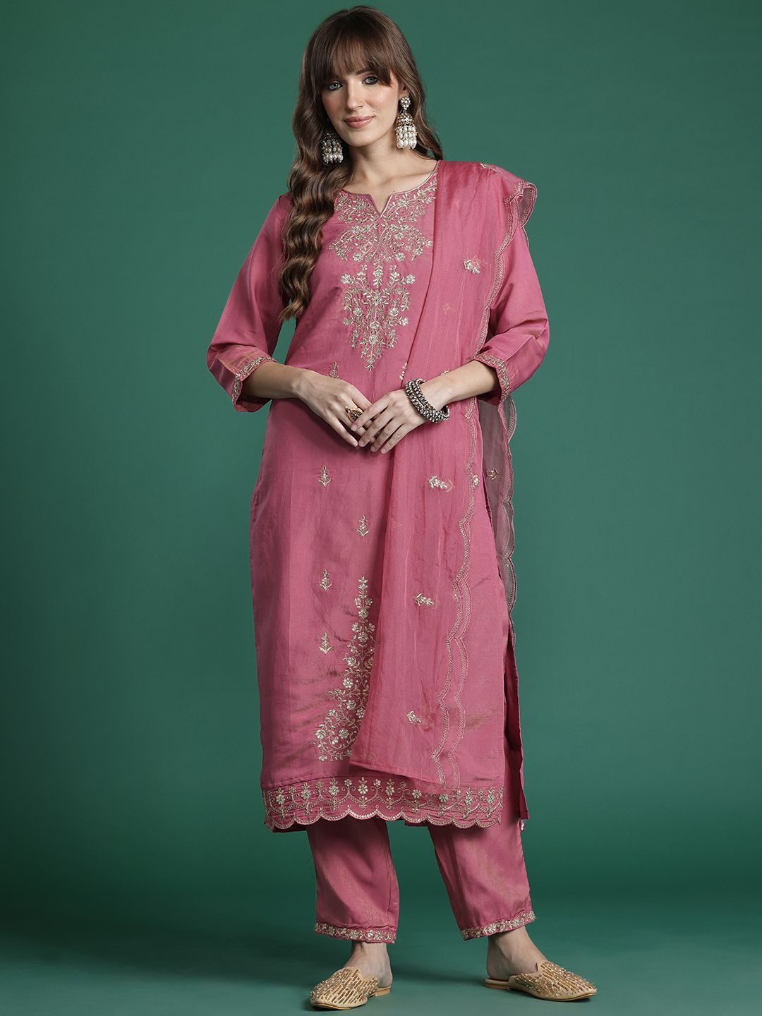 Dhiyona IE Ethnic Motifs Embroidered Gotta Patti Kurta with Trousers & Dupatta