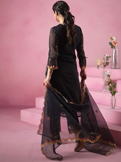 Women Floral Embroidered Regular Mirror Work Kurta with Trousers & With Dupatta