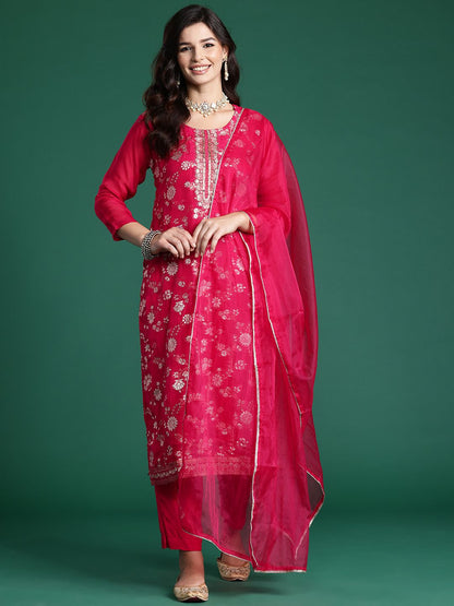 Dhiyona IE Women Floral Embroidered Kurta With Trousers & Dupatta