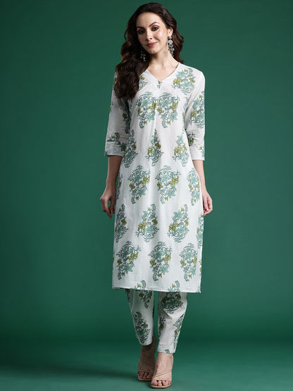 Floral Printed Pleated Pure Cotton Kurta with Trousers