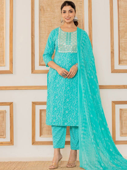 Dhiyona VA Women's Floral Printed Regular Thread Work Kurta with Trousers & With Dupatta