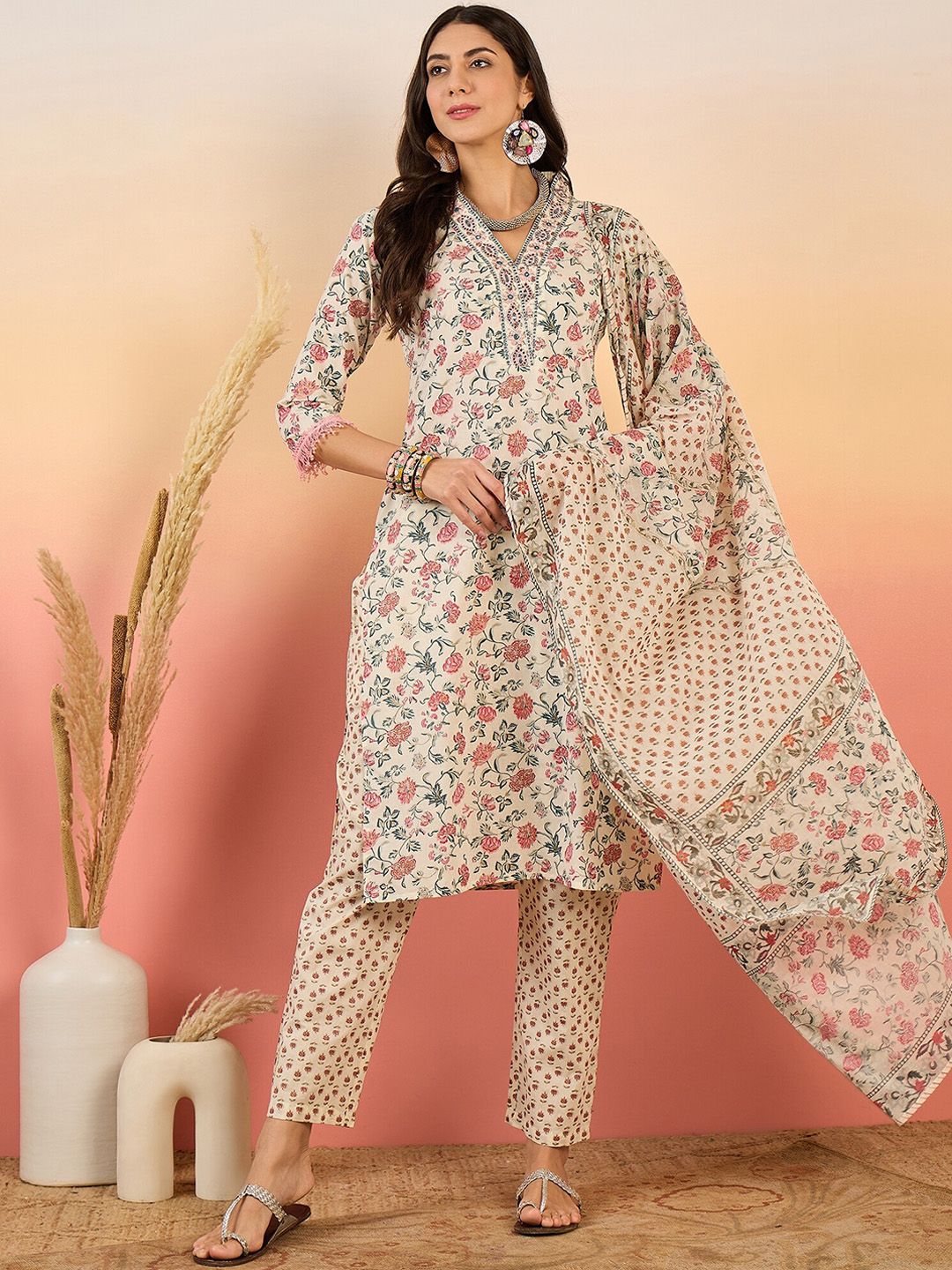 Dhiyona SN Women's Floral Printed Pure Cotton V Neck Kurta With Trousers & Dupatta