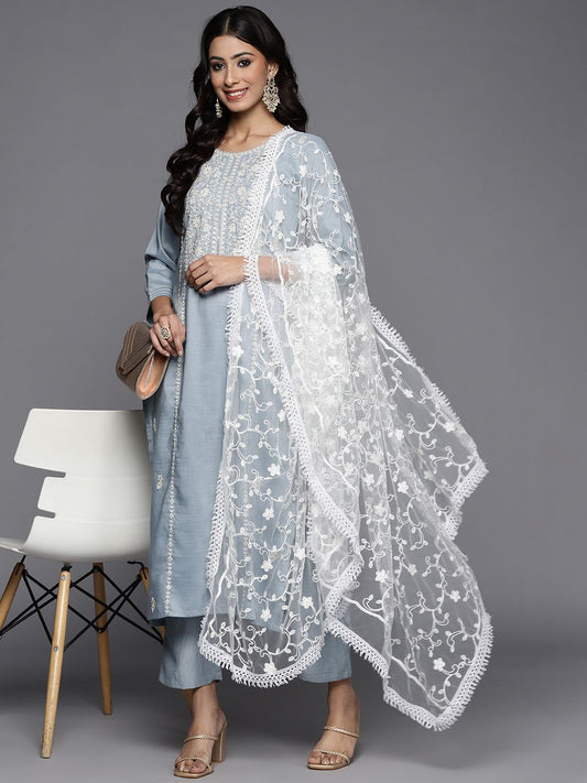 Dhiyona VA Women's Grey Ethnic Motifs Embroidered Panelled Kurta with Trousers & Dupatta