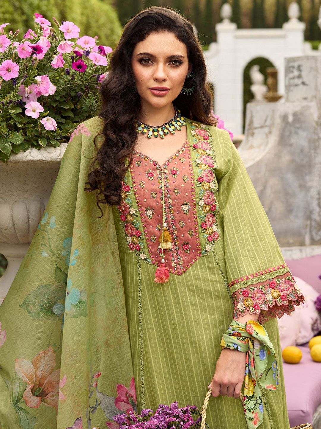 Dhiyona IE Women Floral Embroidered Regular Thread Work Cotton Kurta with Trousers & Dupatta