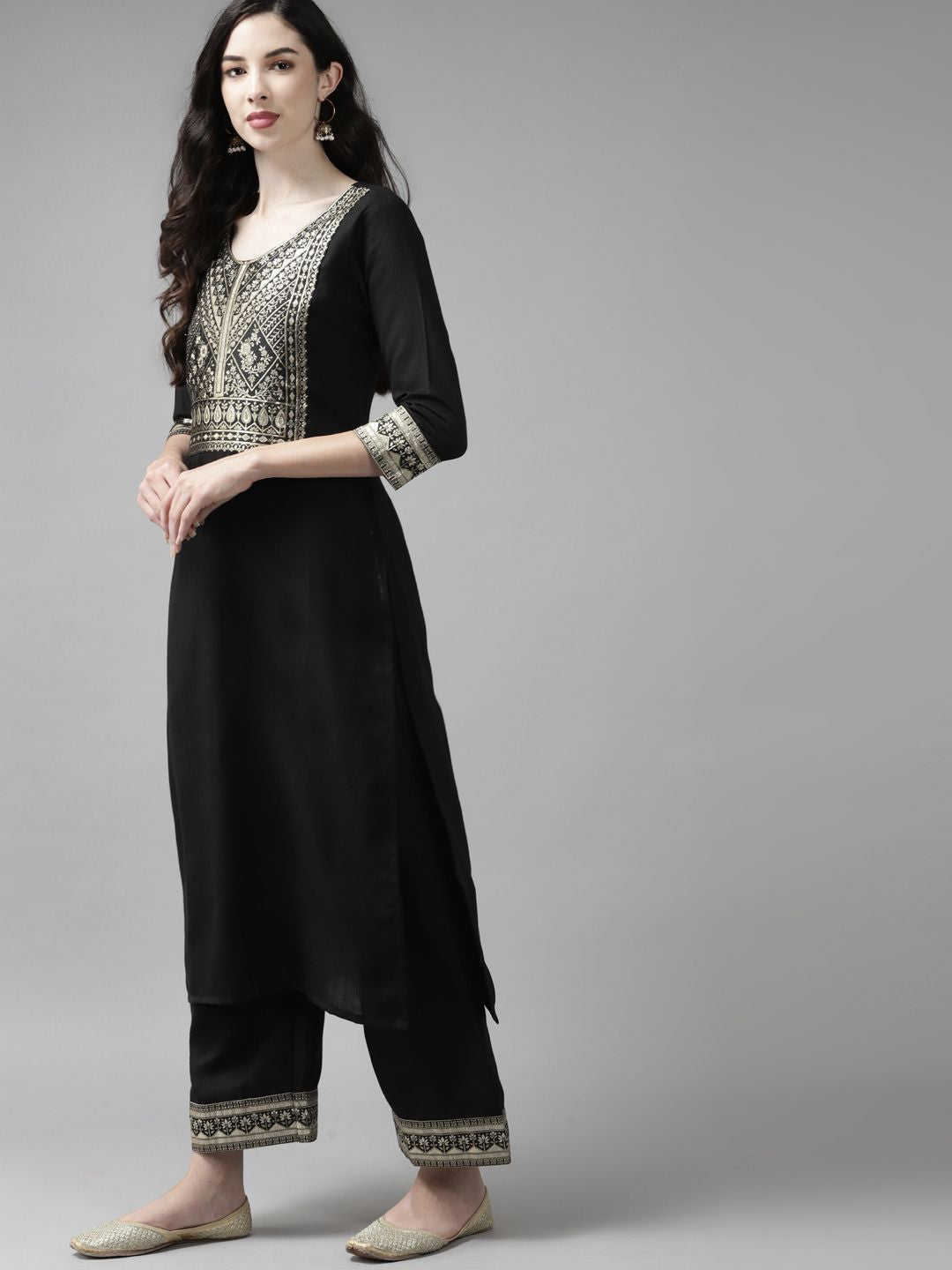 Dhiyona IE Women Black Yoke Design Regular Kurta with Palazzos & Dupatta