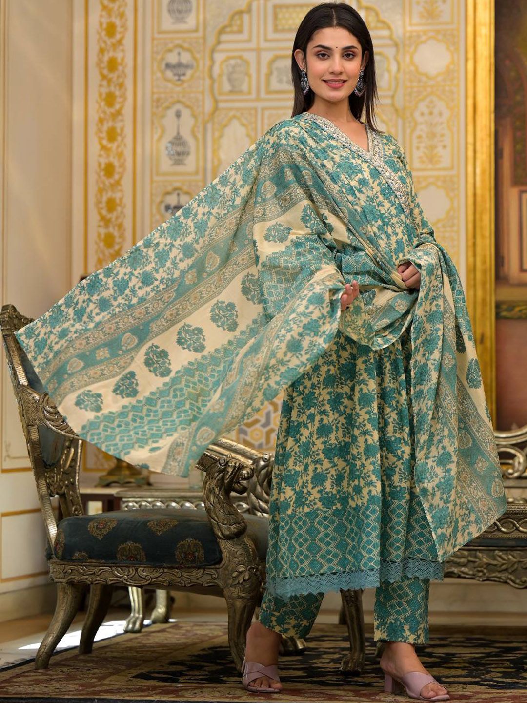 Dhiyona VA Women'sEthnic Motifs Printed Mirror Work Pure Cotton Kurta with Trousers & Dupatta