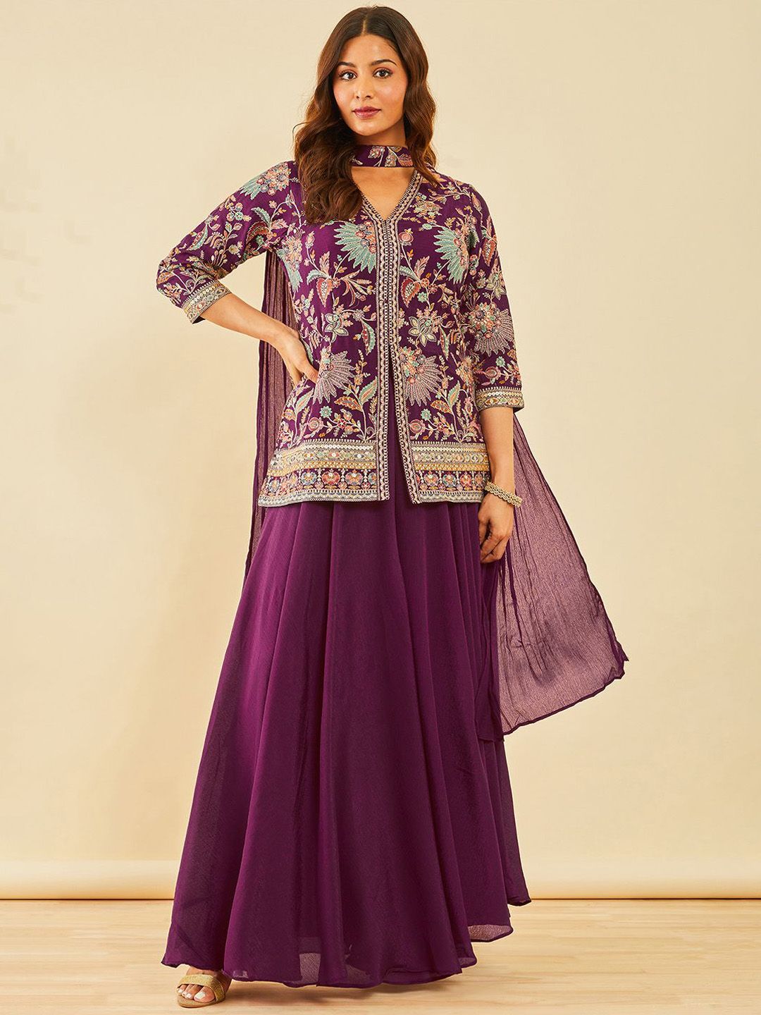 Dhiyona SO Women's Embroidered Regular Thread Work Straight Kurta with Sharara & With Dupatta