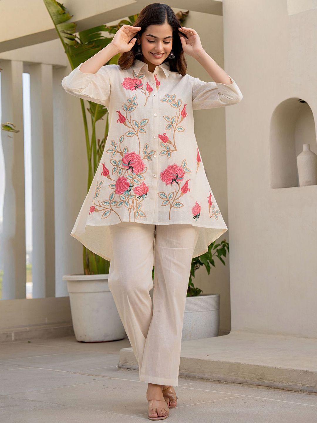 Dhiyona IE Indo era Embroidered Pure Cotton Shirt Collar Top With Trousers Co-Ords Set