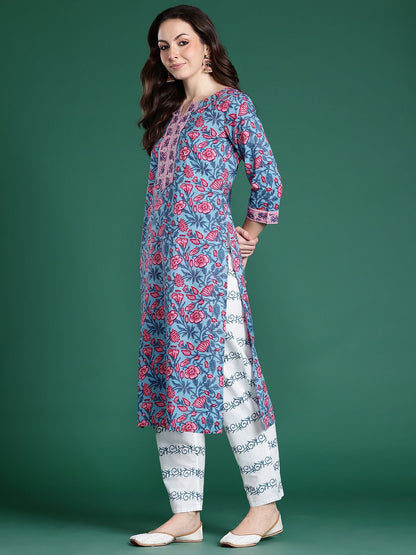 Floral Printed Pure Cotton Kurta with Trousers & With Dupatta