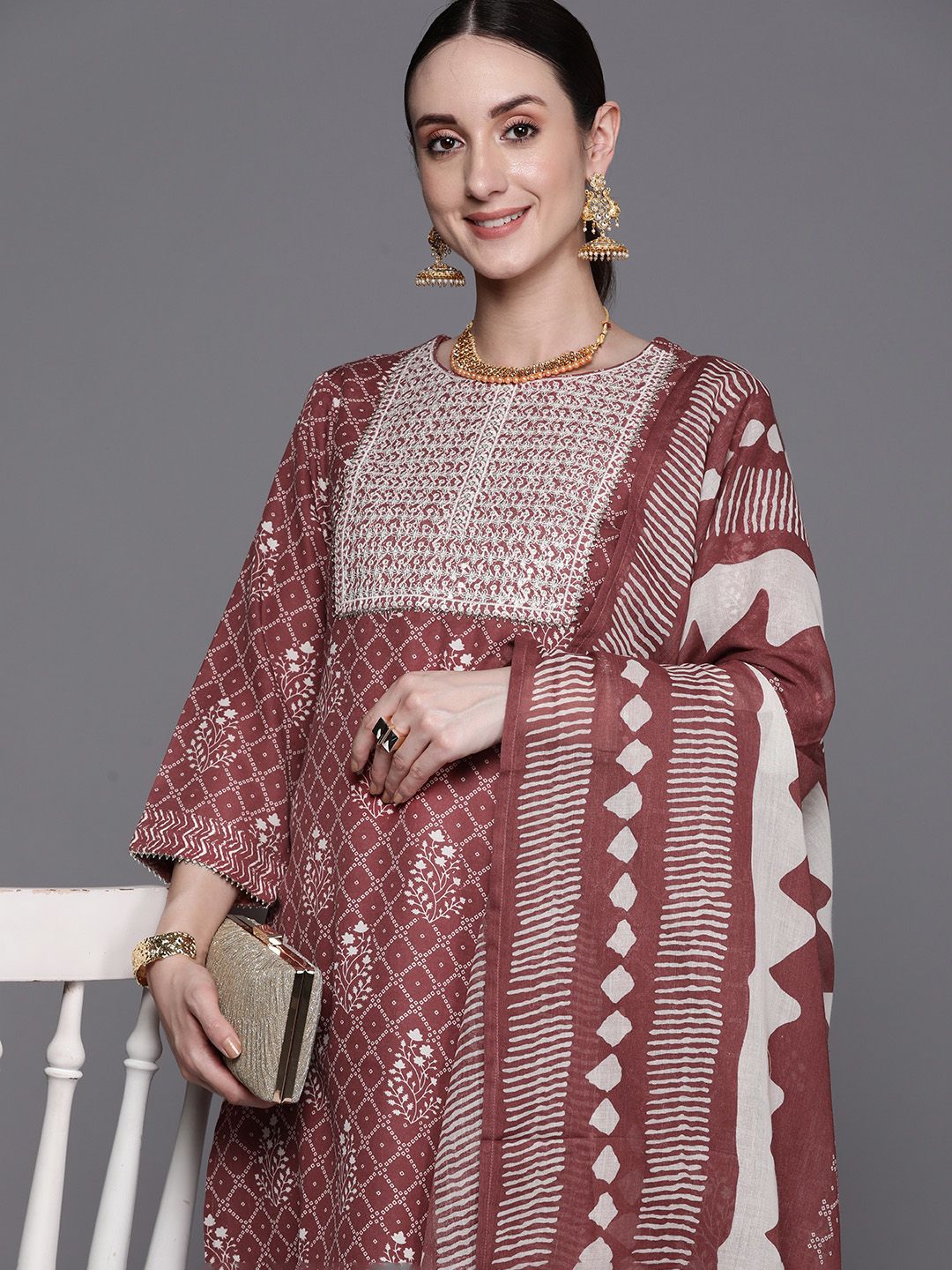 Dhiyona IE Bandhani Printed Regular Thread Work Pure Cotton Kurta With Trousers & Dupatta