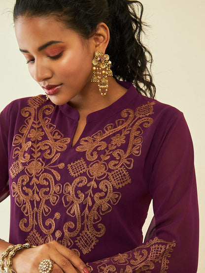 Dhiyona SO Women's Maroon Ethnic Motifs Embroidered Regular Thread Work Kurta with Palazzos