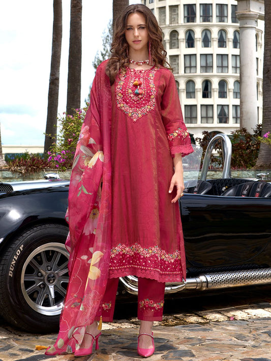 Dhiyona IE Floral Embroidered Kurta With Trousers & Dupatta