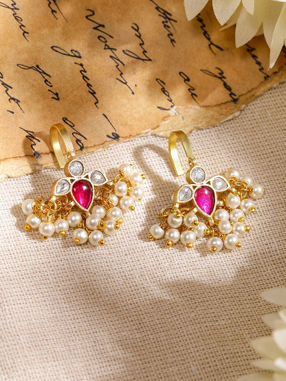 Dhiyona RJ Women's 22K Gold-Plated Ruby Pink & White Kundan Handcrafted Ear Cuff with Pearl Beads