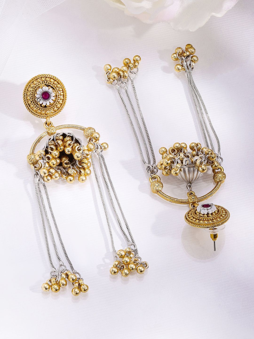 Dhiyona RJ Women's Dual-Tone Oxidised Silver-Plated Gold Beaded Dome Jhumka with Ruby & Chain Dangles