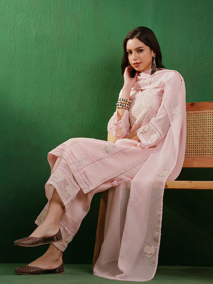 Dhiyona SN Women's Peach & White Floral Embroidered Organza Straight Kurta With Trouser & Dupatta