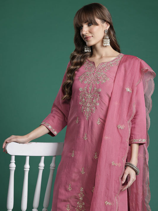 Dhiyona IE Ethnic Motifs Embroidered Gotta Patti Kurta with Trousers & Dupatta