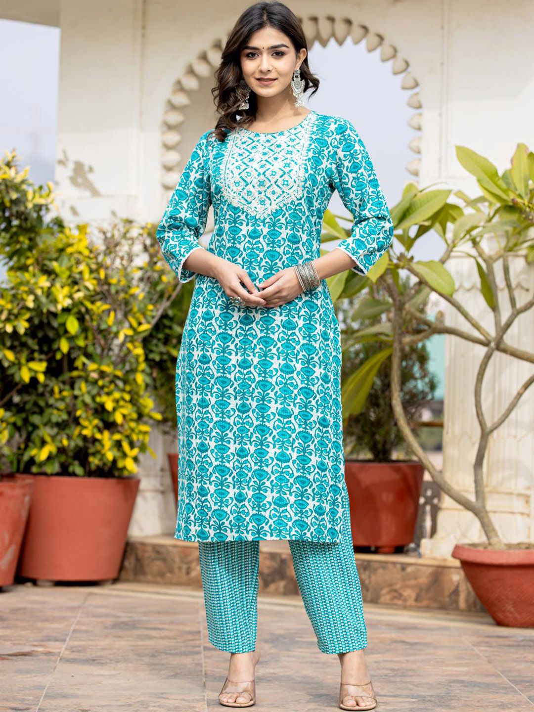 Dhiyona VA Women's Ethnic Motifs Printed Kurta with Mirror Work, Printed Trousers, and Dupatta