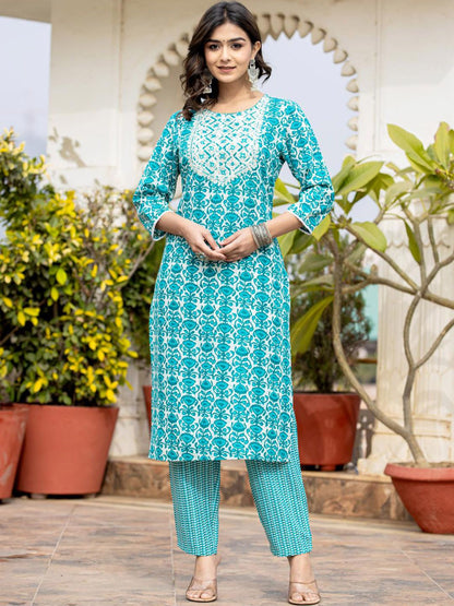 Dhiyona VA Women's Ethnic Motifs Printed Kurta with Mirror Work, Printed Trousers, and Dupatta