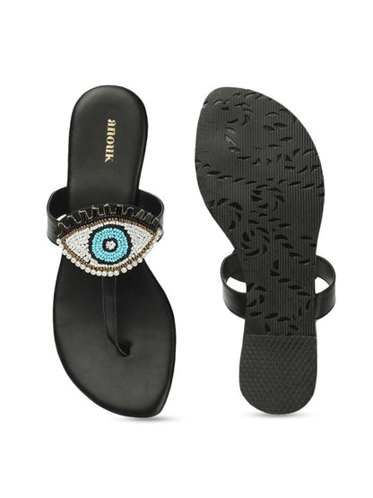 Dhiyona AK Black & Blue Evil Eye Embellished Classic T-Strap Flats