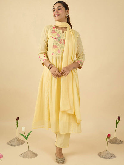 Women Floral Embroidered Cotton Kurta with Trousers & Dupatta