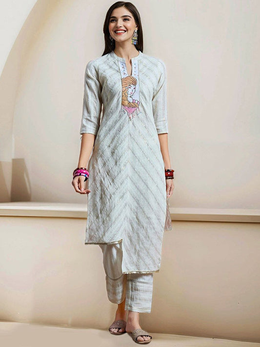Dhiyona IS Women's Striped Yoke Design Mandarin Collar Pure Cotton Straight Kurta With Trousers