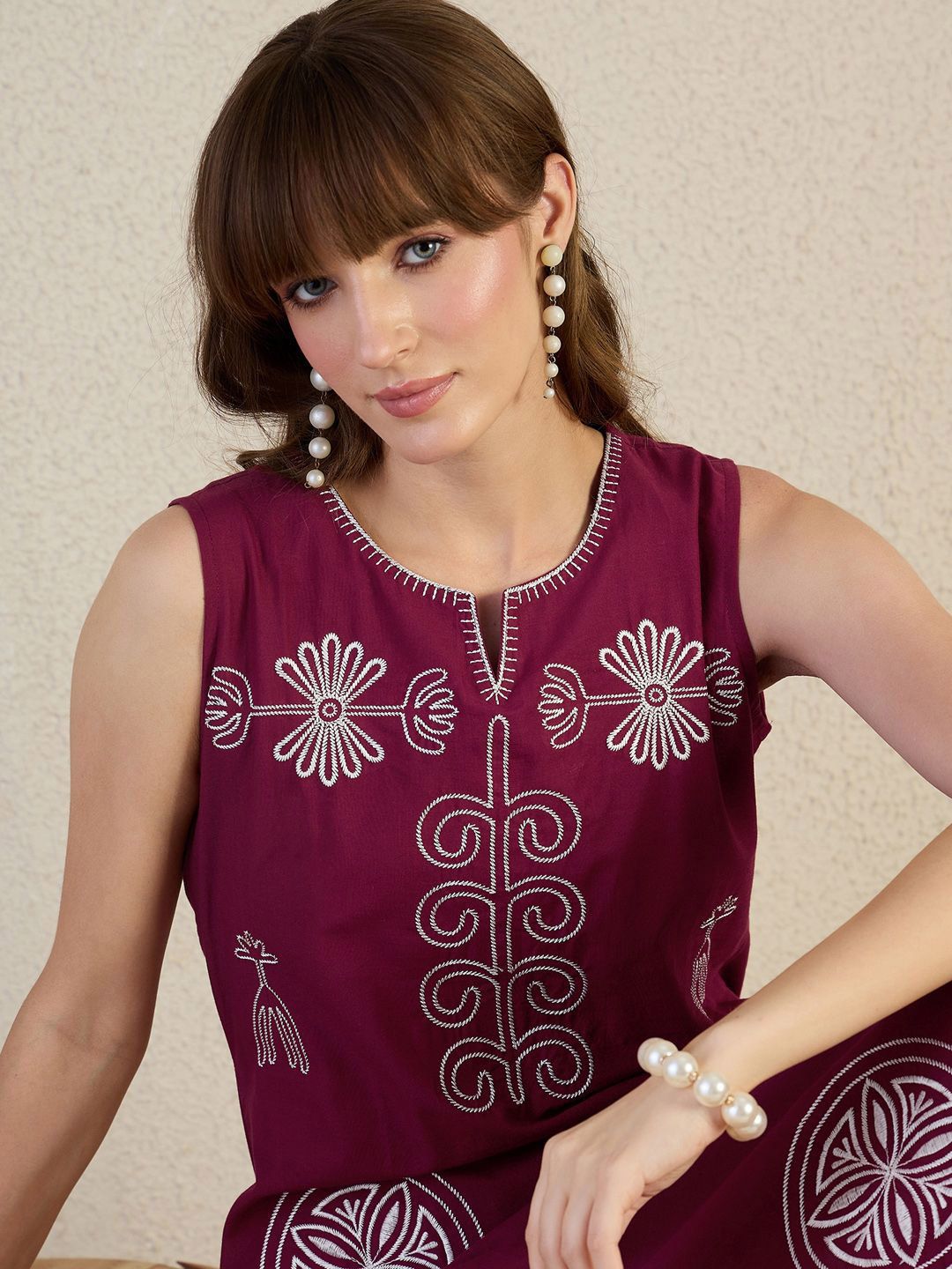 Dhiyona IE Embroidered Round Neck Pure Cotton Top With Palazzos Co-Ords