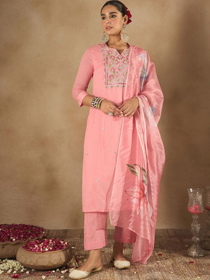 Dhiyona IE Women Floral Embroidered Thread Work Pure Cotton Kurta with Trousers & Dupatta