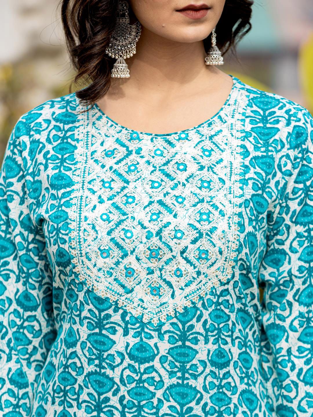 Dhiyona VA Women's Ethnic Motifs Printed Kurta with Mirror Work, Printed Trousers, and Dupatta