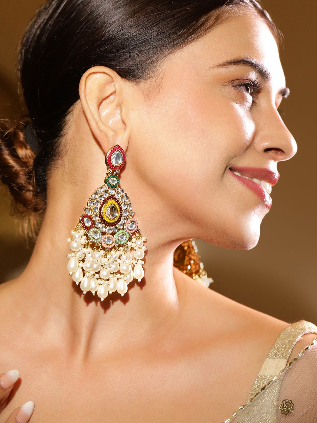 Dhiyona RJ Women's 22K Gold Plated Kundan Studded & Beaded Classic Chandbalis