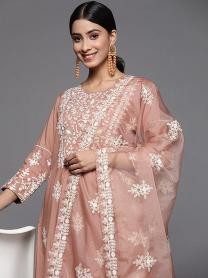 Dhiyona VA Women's Beige Thread Embroidered Pure Cotton Kurta with Trouser and Dupatta