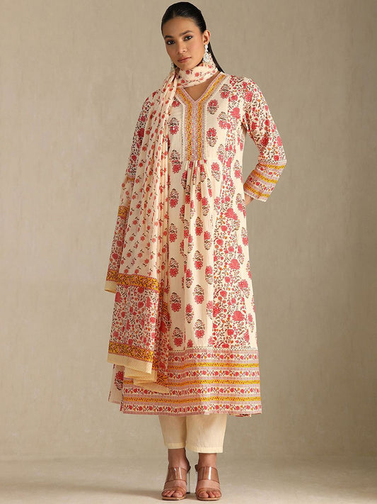 Dhiyona SO Women's Women Floral Printed Beads and Stones Kurta with Trousers & With Dupatta Kurta Sets