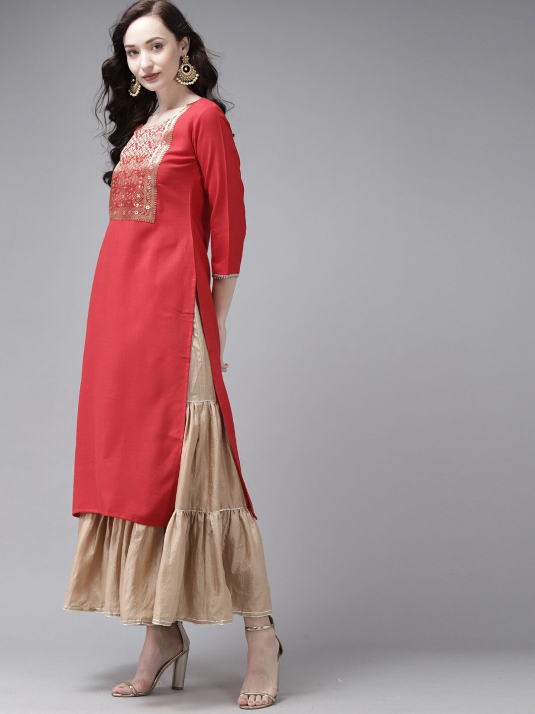 Dhiyona IE Women Red Ethnic Motifs Yoke Design Thread Work Straight Kurta