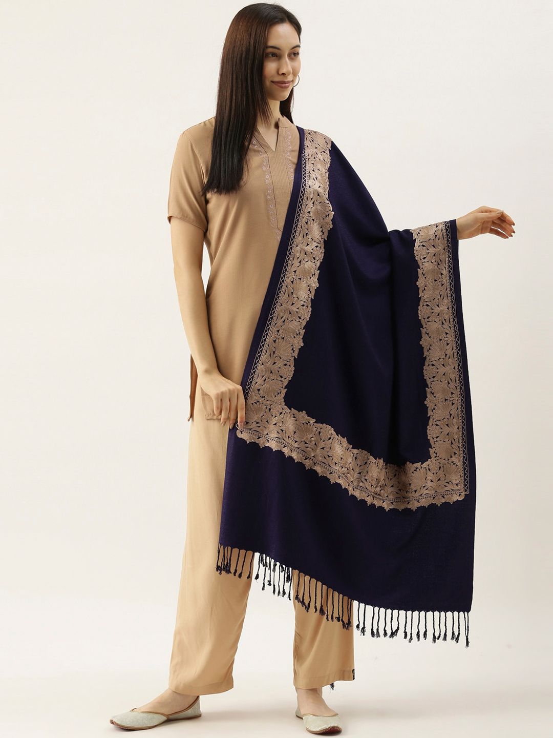 Dhiyona PA Women Navy Blue & Golden Embroidered Shawl