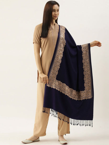 Dhiyona PA Women Navy Blue & Golden Embroidered Shawl