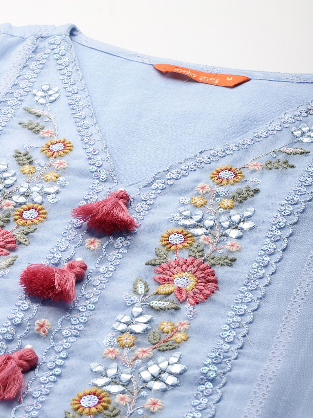 Dhiyona IE Floral Embroidered Tassel Detailed Pure Cotton Kurta & Trousers With Dupatta