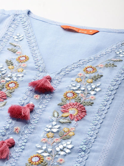 Dhiyona IE Floral Embroidered Tassel Detailed Pure Cotton Kurta & Trousers With Dupatta