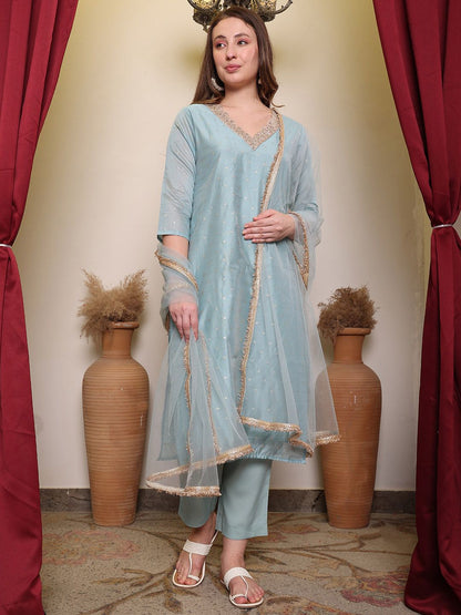 Dhiyona PD Women Woven Design Round Neck Three-Quarter Sleeves Chanderi Cotton Kurta Set