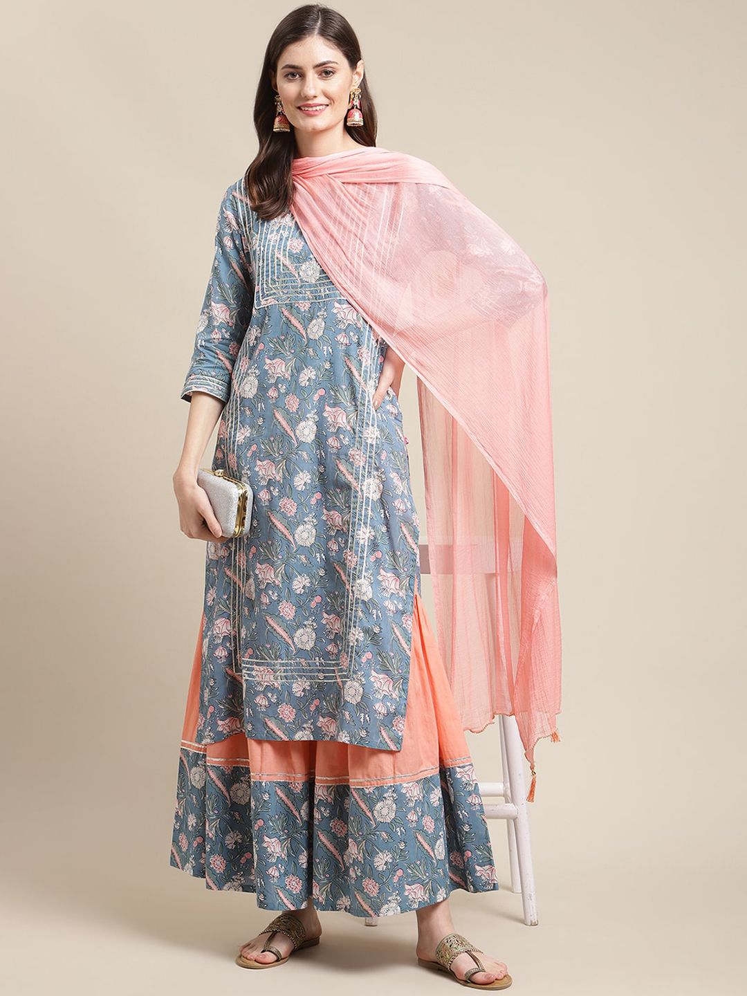 Dhiyona VA Women's Blue Floral Printed Gotta Patti Kurta with Sharara & With Dupatta