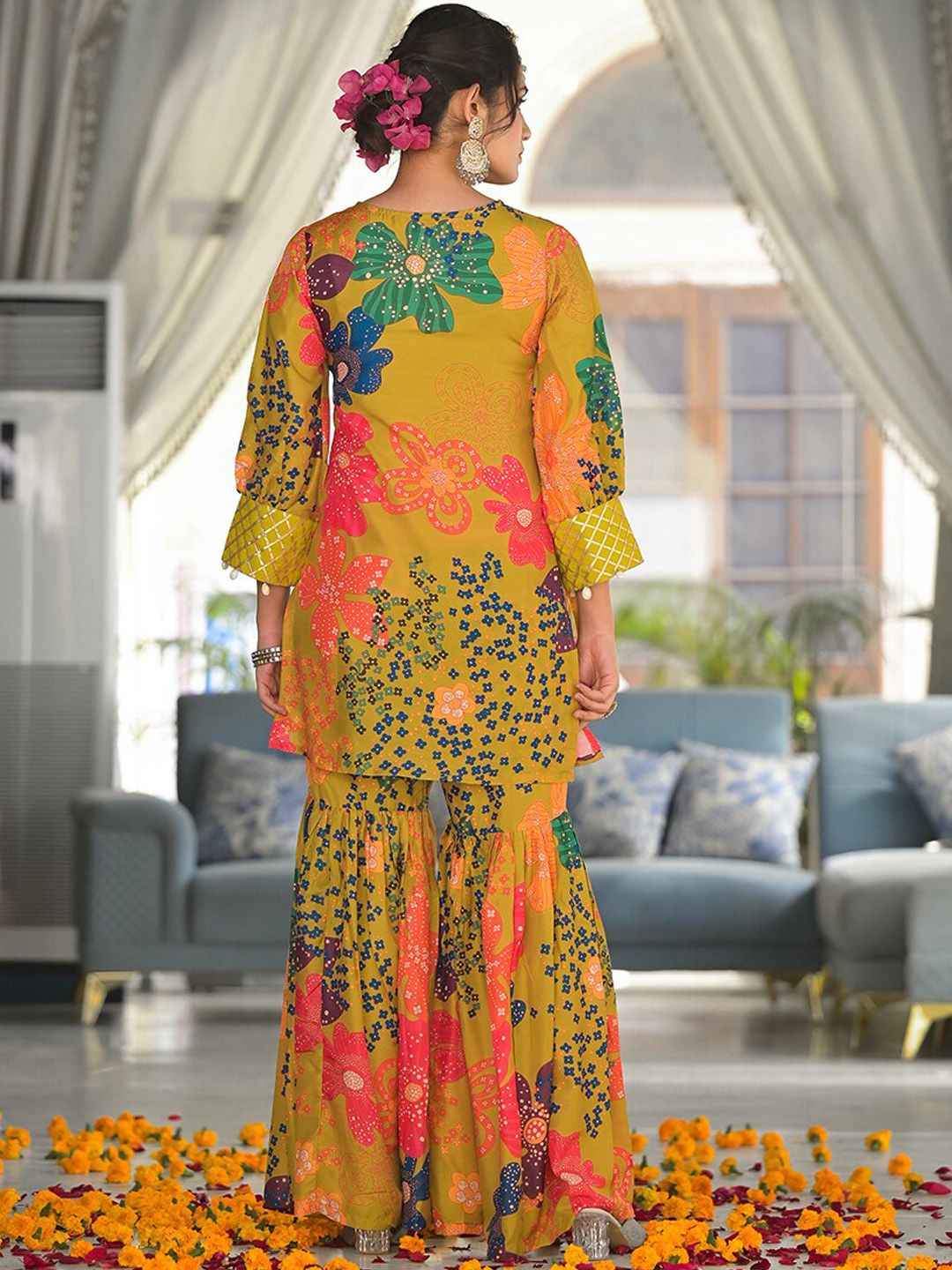 Dhiyona VA Women's Floral Printed Kurti with Sharara & Dupatta